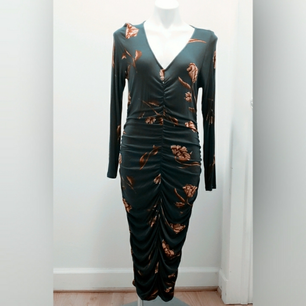 Motherhood ruched dress, teal, floral. Medium